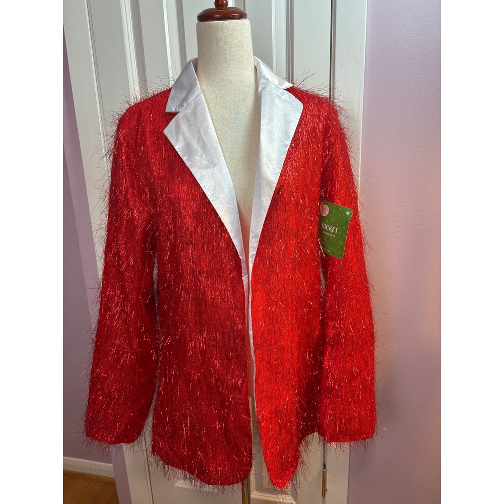 Amscan‎ Red Tinsel Jacket White Satin Lapel Holiday Costume Blazer Adult S/M NWT